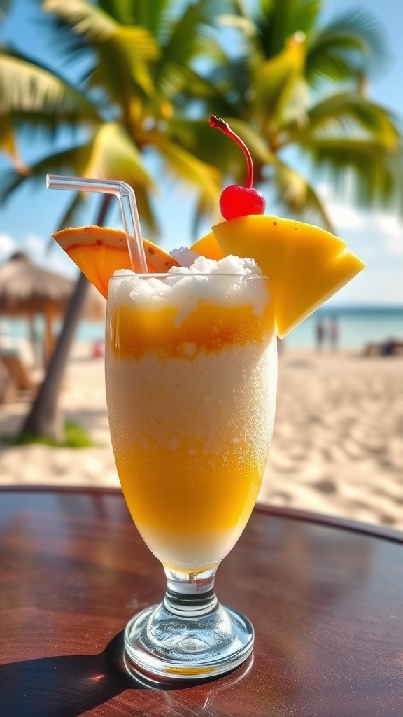 Tropical Island Hopper Rum Cocktail in frosted glass with pineapple, orange slices, and cherry on a beach background.